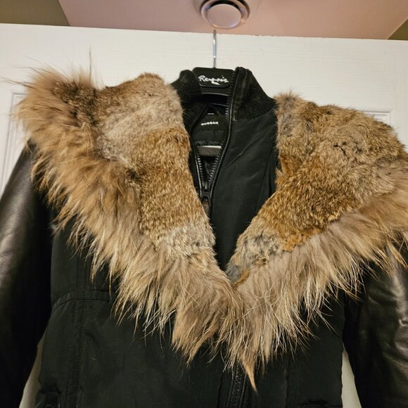 Rudsak "GRACE" Black Down Winter Coat XS Leather sleeves and a luxury fur coat - Picture 3 of 16